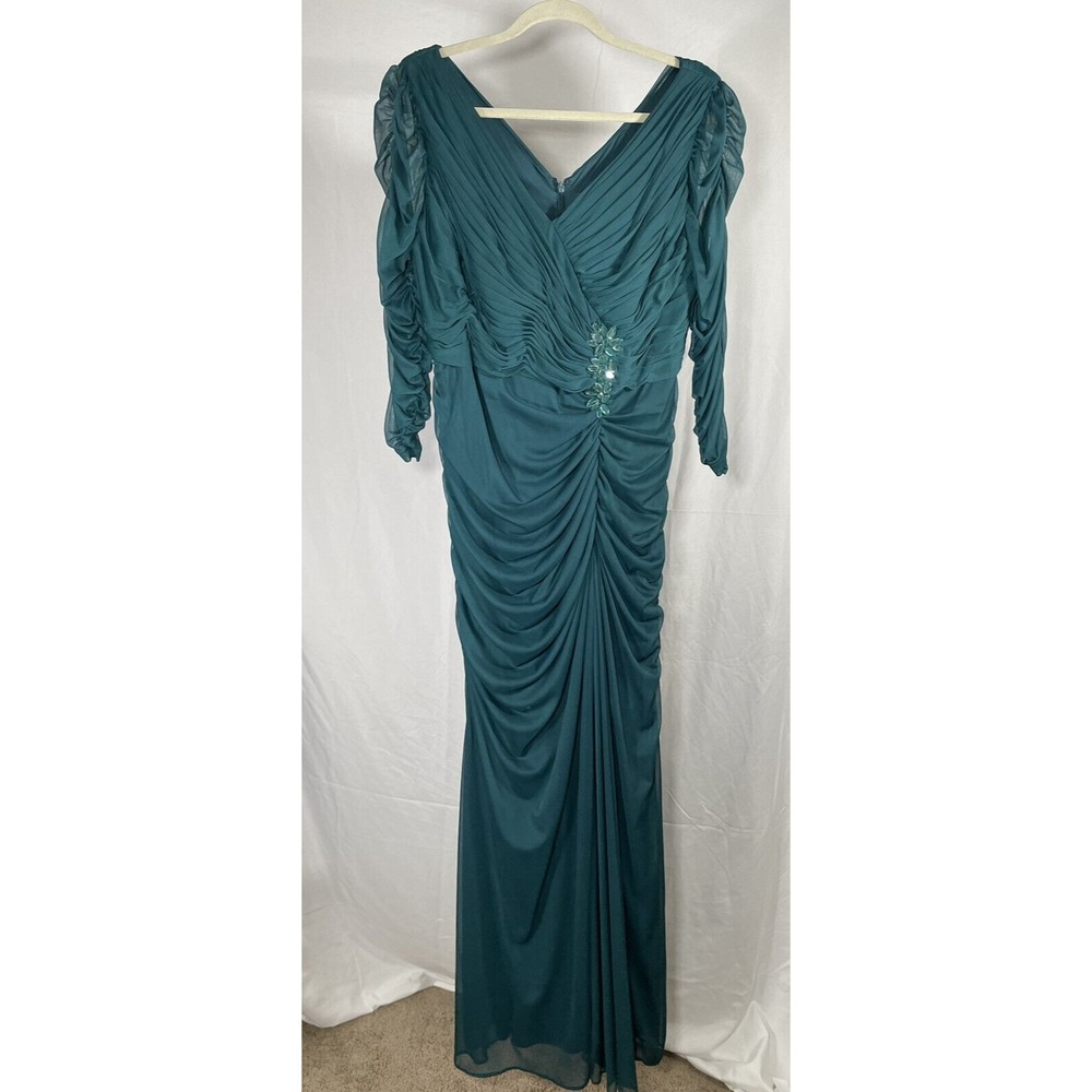 Adrianna Papell Dusty Emerald Hand Beaded Layered Slit Dress 16W Bridesmaid